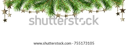 Green Christmas tree twigs and beads garlands for top border isolated on white background