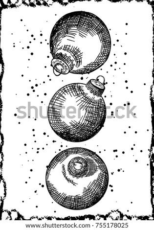 Christmas greeting card with hand drawn ornate Christmas balls with black sparkles on white background. Modern holiday concept for print. Vector.