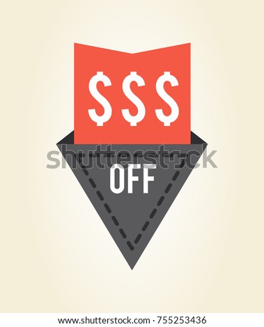 Closeup of red and grey sticker placed on promo poster, label with symbols of dollar, and text in triangular shaped object on vector illustration