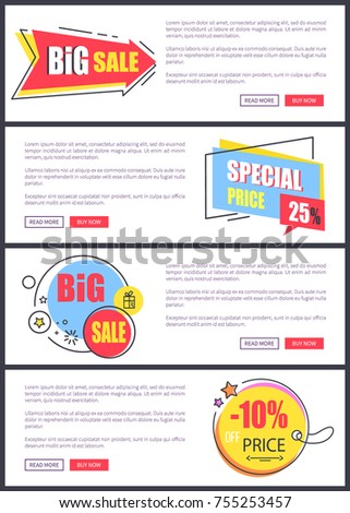 Big sale and -10% off price, web pages with yellow and blue stickers with stars, text and buttons saying read more and buy now vector illustration