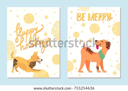 Happy holidays and be merry postcards with dogs surrounded with golden snowflakes vector illustrations. Friendly weimaraner and playful fox terrier.