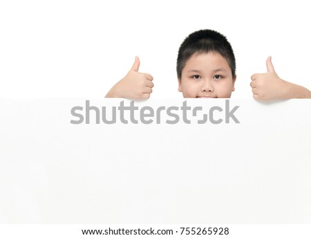 Obese boy giving thumb up gesture on white banner board isolated on white background with copy space for input text