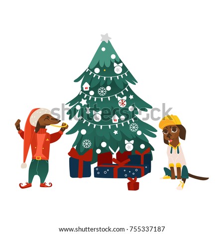 vector cartoon stylized humanized dachshund dog characters near decorated christmas tree with presents. Animal in christmas hat elf fancy costume, another sitting in cap. Isolated illustration