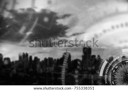 Technology background concept. Modern connection technology icons, lines and circle, with blurred city on background in monochrome. Picture for add text message. Backdrop for design art work.