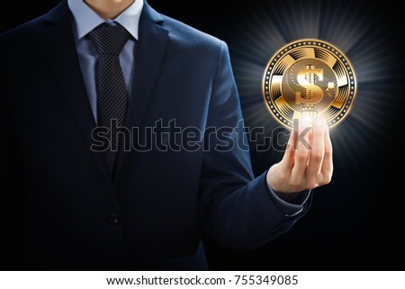 Cryptocurrency bit coin business mining concept design, block chain in hand. Crypto currency financial banking.
