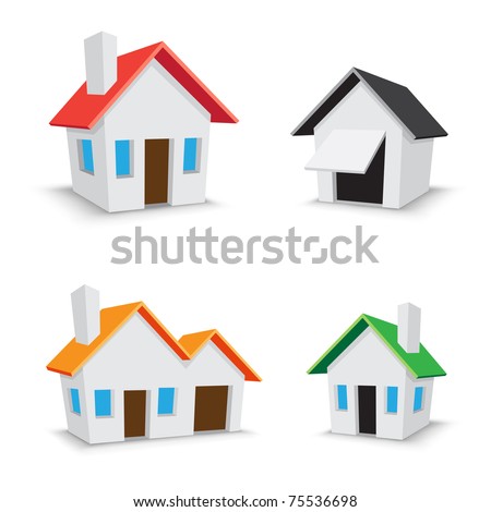 The simple color house icons isolated on the white background