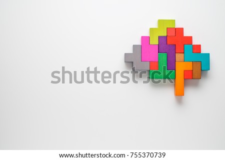 Human brain is made of multi-colored wooden blocks. Creative business concept.  Royalty-Free Stock Photo #755370739