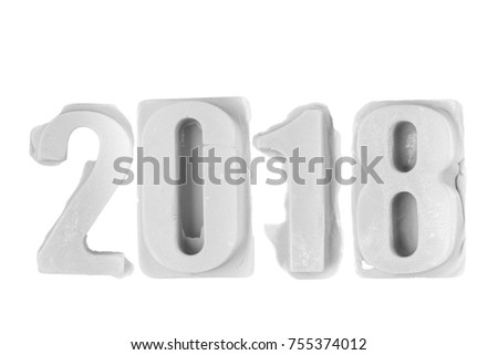 Happy New Year 2018 on white bacground. Figures of mastic or concrete.