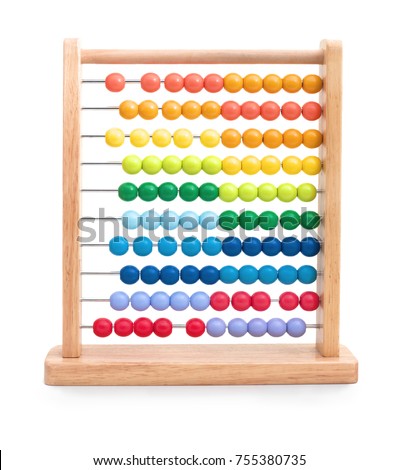 Wooden child abacus isolated on white background with shadow reflection. Colourful kids abacus, very useful teaching aid during the math lesson in school. Aid for children during the calculation. Royalty-Free Stock Photo #755380735