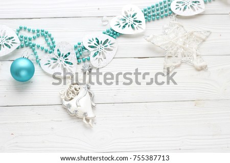 holiday decorations on white wood background and copy space, top view