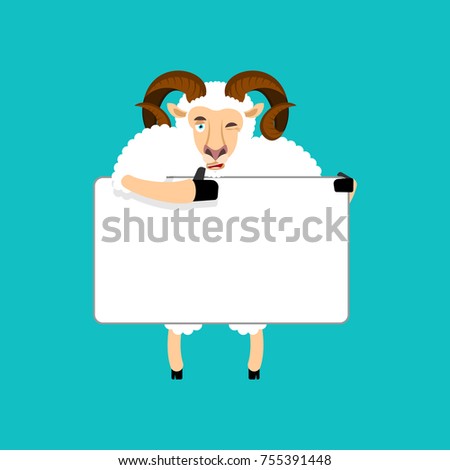 Ram holding banner blank. Sheep and white blank. Farm animal thumb up and winks joyful emotion. place for text. Vector illustration
