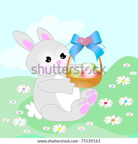 Illustration of cute Easter rabbit standing on grass, modern cartoon style