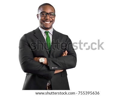 Proud cheerful smiling successful african american business man isolated on white background Royalty-Free Stock Photo #755395636