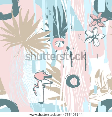 Seamless pattern of ink Hand drawn sketch Tropical palm leaves with toucan and flamingo bird parrots. Greeting card, invitation for summer beach party, flyer. Vector illustration. Grunge design style