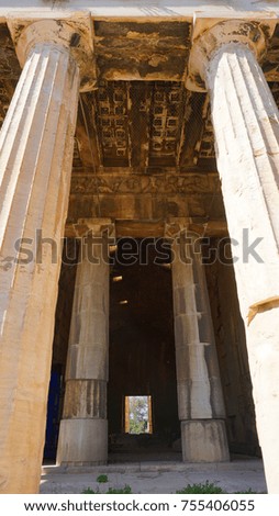 Photo from iconic Temple of Hephaestus one of the best preserved temples in Greece, Ancient Agora, Athens historic center, Attica, Greece                    