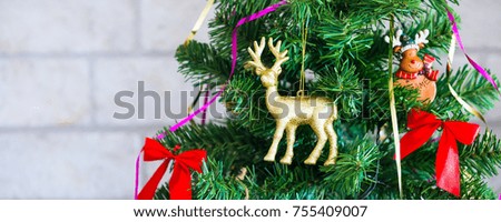 Christmas or New Year background with green christmas tree branch, decorations with copy space