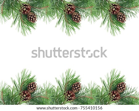 Pine tree branches border with cones isolated on white background. Design elements for christmas cards, banners, flyers, posters.