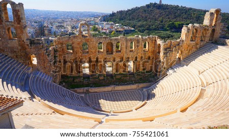 Photo from iconic ancient theater of Herodes Atticus near Acropolis hill, Athens historic center, Attica, Greece                               Royalty-Free Stock Photo #755421061