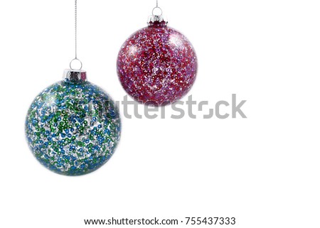 Colorful Christmas balls stock images. Christmas decoration on a white background. Christmas hanging balls of different colors