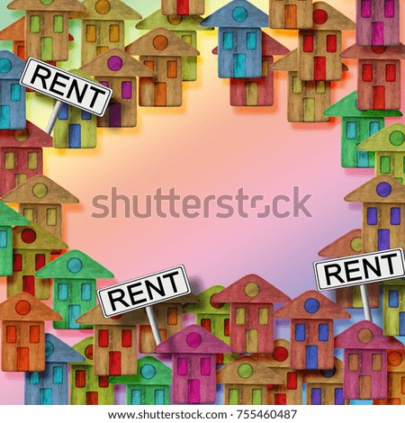Real estate concept image with colorful cartoon doodles background design and placards with written rent on it.