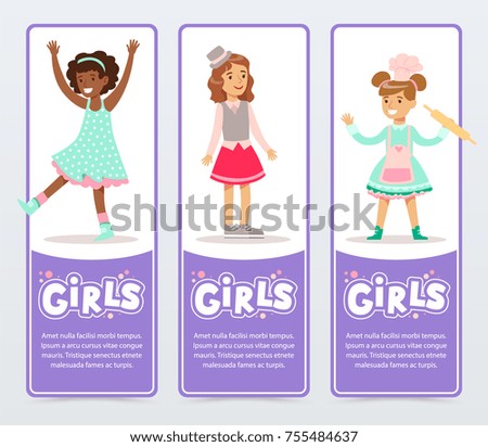 Beautiful smiling girls banners set flat vector element for website or mobile app
