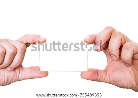 Male Hands holding card. Isolated on a white background. Copy space.
