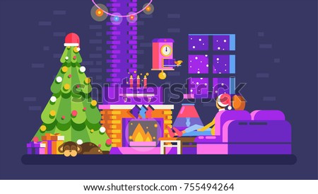 Stock vector illustration cozy Christmas evening home interior, lovers sit on couch in front of fireplace in New Year Eve festive night, dog near Xmas tree for Motion Design flat style dark background