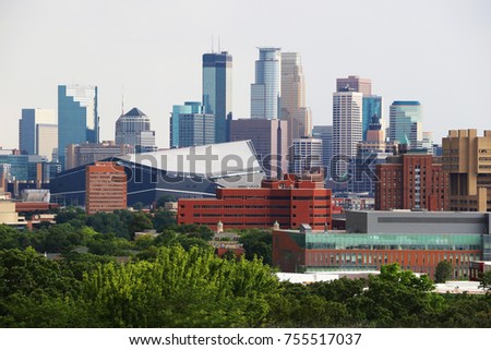 Minneapolis downtown skyline. Urban city architecture background. Minneapolis downtown skyline seen from the Prospect Park Water Tower. Midwest USA, Minnesota.