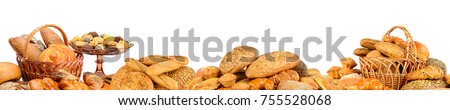 Panorama of fresh bread products isolated on white background. Royalty-Free Stock Photo #755528068