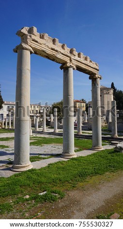 Photo from iconic ancient Roman Forum or Agora next to famous Acropolis hill, Plaka, Athens historic center, Attica, Greece                              