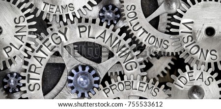 Macro photo of tooth wheel mechanism with STRATEGY PLANNING concept related words imprinted on metal surface Royalty-Free Stock Photo #755533612