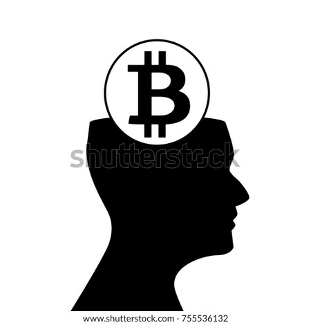 Black silhouette of human head with sign of bitcoin inside isolated on white background. illustration, icon, clip art,  emblem. 