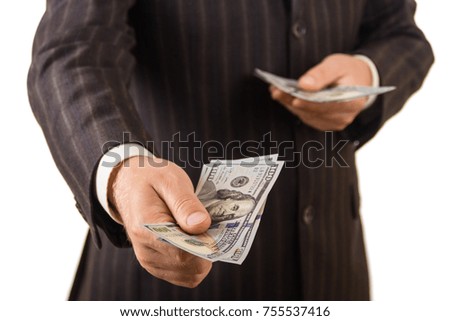 Dollar bills in the hands of men, isolated on white background