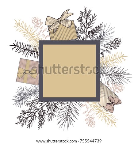 Vector frame with Christmas plants and gifts. Hand-drawn illustration.