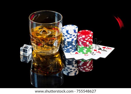 Poker cards with multicolor chips and a glass of whiskey
