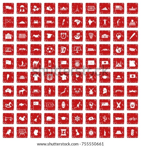 100 geography icons set in grunge style red color isolated on white background vector illustration