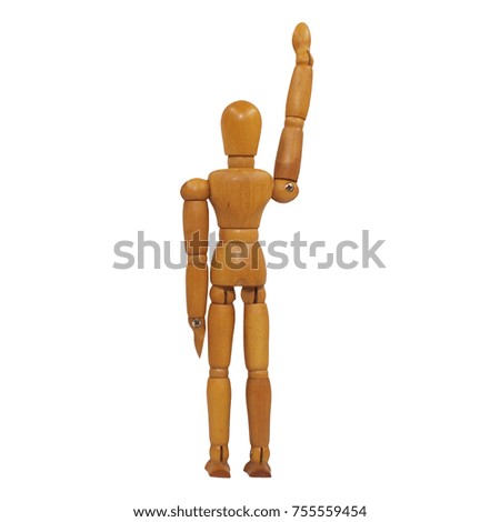 Wooden figure pose raised hand (back view)white background isolated object with saved clipping path