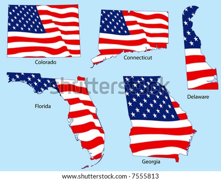 Connecticut, Colorado, Delaware, Florida and Georgia outlines with flags, each individually grouped