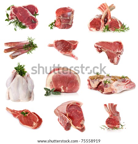 Cuts of raw meat, isolated on white.  Includes beef, lamb, pork and chicken. Royalty-Free Stock Photo #75558919