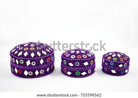 Oriental decorative box stock images. Set of purple boxes on a white background. Decorated gift box