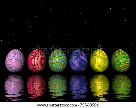 Six colored eggs for easter with their shadow in the water by night with stars