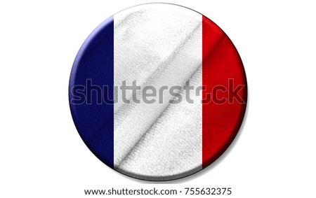 Flag of France on a fabric texture in a circle, the image in the form of an icon is isolated on a white background.