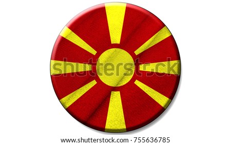 Flag of Macedonia on a fabric texture in a circle, the image in the form of an icon is isolated on a white background.