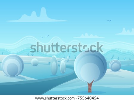 Vector Christmas cartoon winter nature landscape scene with river, hills and trees background.