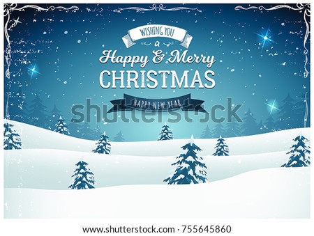 Vintage Christmas Landscape Background/
Illustration of a retro christmas landscape background, with firs, snow and elegant banners for winter and new year holidays
