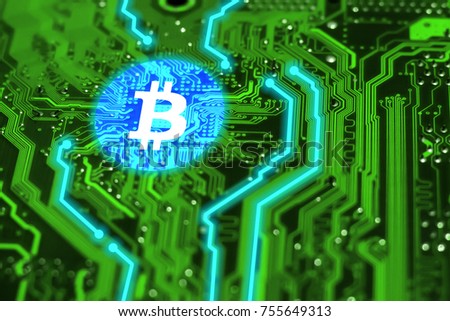 Virtual bitcoin on integrated circuit with blue tracks. Blockchain and cryptocurrency concept background.