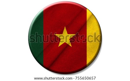 Flag of Cameroon on a fabric texture in a circle, the image in the form of an icon is isolated on a white background.
