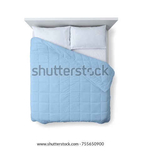 Elegant bed with soft duvet, bedding and pillows on white background, top view Royalty-Free Stock Photo #755650900