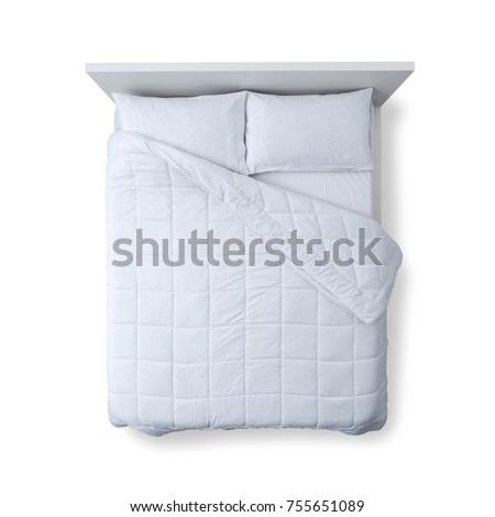Elegant bed with soft duvet, bedding and pillows on white background, top view Royalty-Free Stock Photo #755651089