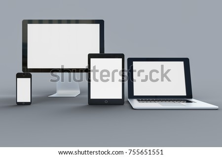 3d Digital templates of different devices 3d illustration of :computer monitor, smartphone tablet , laptop Royalty-Free Stock Photo #755651551